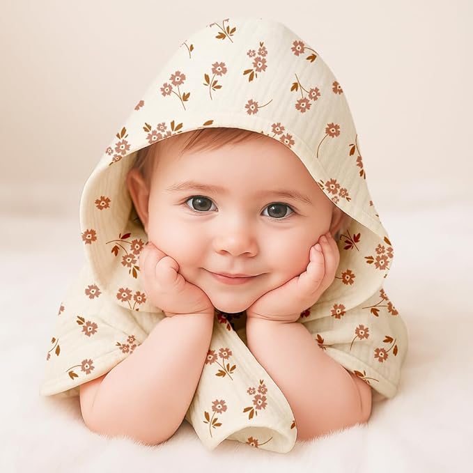Hooded Baby Towels 2 Pack, Muslin Baby Bath Towels with Hood for Newborn Infant and Toddler, Soft Breathable & Absorbent, 32" x 32" (Bluebell Bloom & Light Blue, Heavyweight)