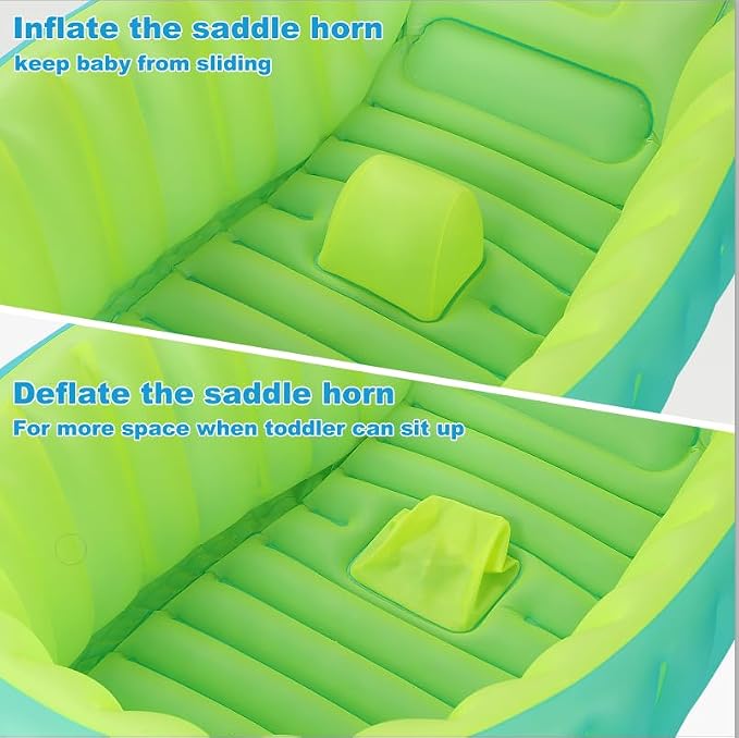 Inflatable Baby Bathtub, Boysea Toddler Bath Tub with Anti-Sliding Saddle Horn Helps Infants to Toddler Tub, Portable Travel Shower Basin with Air Pump, Back Support (Green)