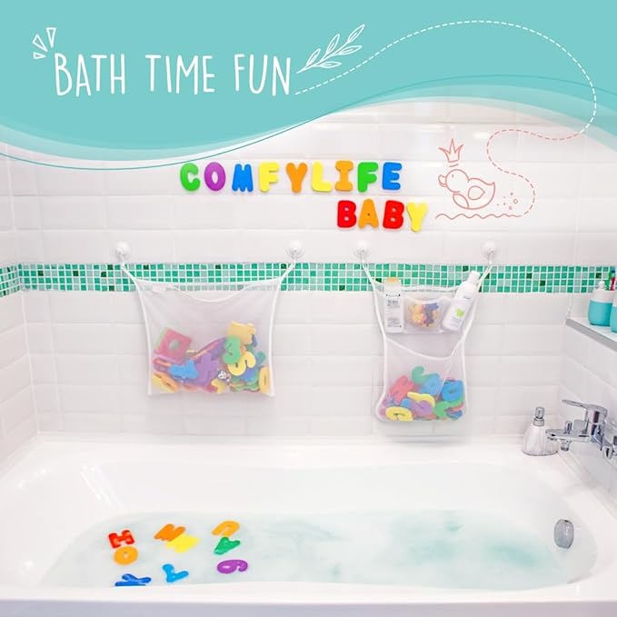 Comfylife 2 x Mesh Bath Toy Organizer + 6 Ultra Strong Hooks + 36 Bath Letters & Numbers ??Eco-Safe, Fun, Educational Foam Letters and Perfect Toy Storage Net for Baby Bath Toys & More