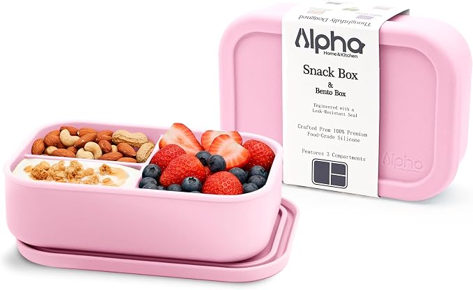Silicone Bento Box for Kids, 3 Compartment Lunch Box, Small Portions, BPA Free Snack Container, Leak Resistant, Easy to Clean, Dishwasher Safe