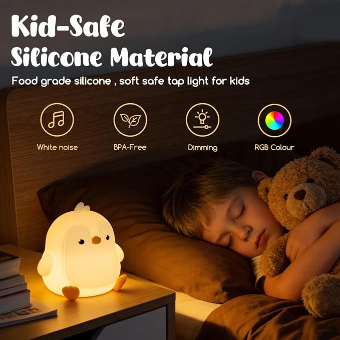 LEDHOLYT Cute Penguin Night Light for Kids, 3 Adjustable Brightness Levels & 6 White Noise Sounds,Rechargeable Variable Color Penguin lamp Gifts,Cute Room Decor Night Light for Kids Girls Boys