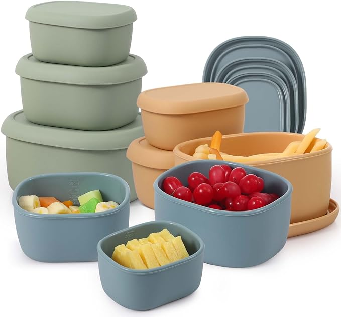 Vesici 9 Pcs Silicone Food Storage Containers Collapsible Reusable Small Containers with Lids Bpa Free for Christmas Party Snack Camping Lunch Bento Box (6.7oz, 10oz, 20oz) Green Blue Yellow