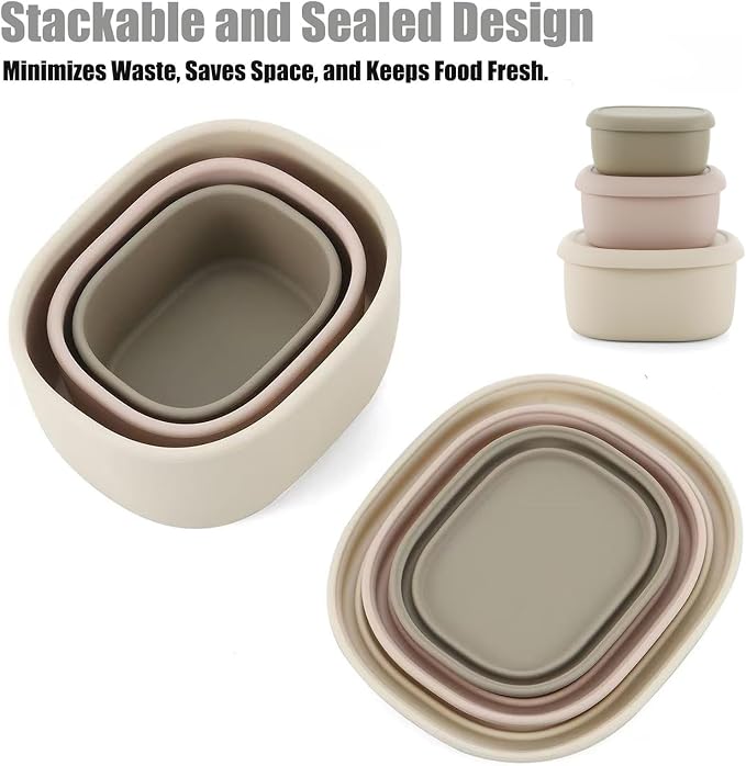 Emptycolor 3 Pack Silicone Snack Containers with Lids Reusable Silicone Food Storage Containers, Leak Proof Stackable Bento Lunch Box for Adults, Microwave, Dishwasher and Freezer Safe