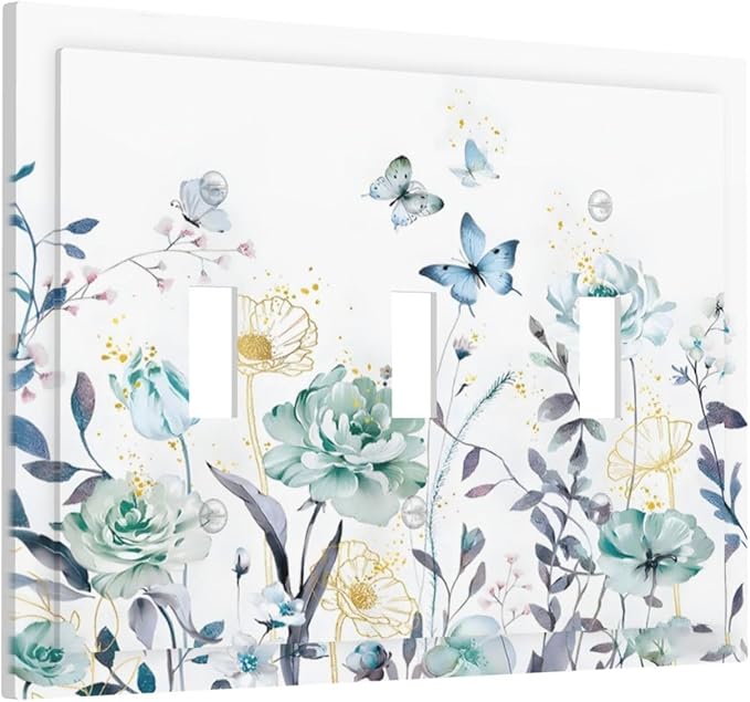 Romantic Floral Butterfly Leaf Flower Golden Pollen Decorative Switch Plates 3 Gang Wall Plate Triple Toggle Light Switch Cover Faceplate Electrical Wall Panels for Bedroom Living Room Decor