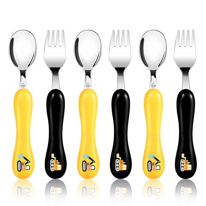 Lehoo Castle 6 Pieces Toddler Utensils, Kids Silverware for 2 3 4 Years Old, Stainless Steel Fork and Spoon Set with Plastic Handle, Safe Toddler Cutlery (Engineering Vehicle)