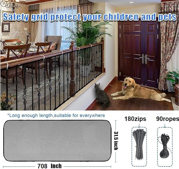 Baby Gate for Stairs, Banister Guard for Kids, Pets, Toys, 59ft L x 2.66 ft H, Mesh Netting Safety Net for Balcony Rail Stair, Stairway Net Baby Safety Products for Indoor & Outdoor (Black)