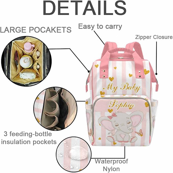 M YESCUSTOM Diaper Bag Personalized Cute Animal Bag with Name Custom Nappy Mommy Bags for Women Travel Outdoor Use Pink