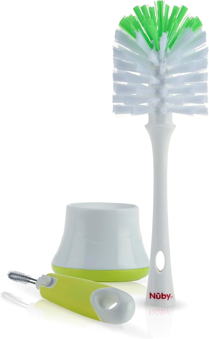 Nuby Bottle and Nipple Brush with Soft Bristles | 2 Pack: Blue & Grey or Pink & Lime | Accessory Cleaning Brush and Drying Stand