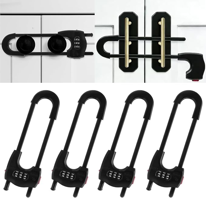 Upgrade 4 Packs Sliding Cabinet Locks, Baby Proofing U-Shaped Child Safety Latches ，Childproof Latches for Knobs, Handles on Kitchen Doors and Home Drawers Closet (Black, 4)