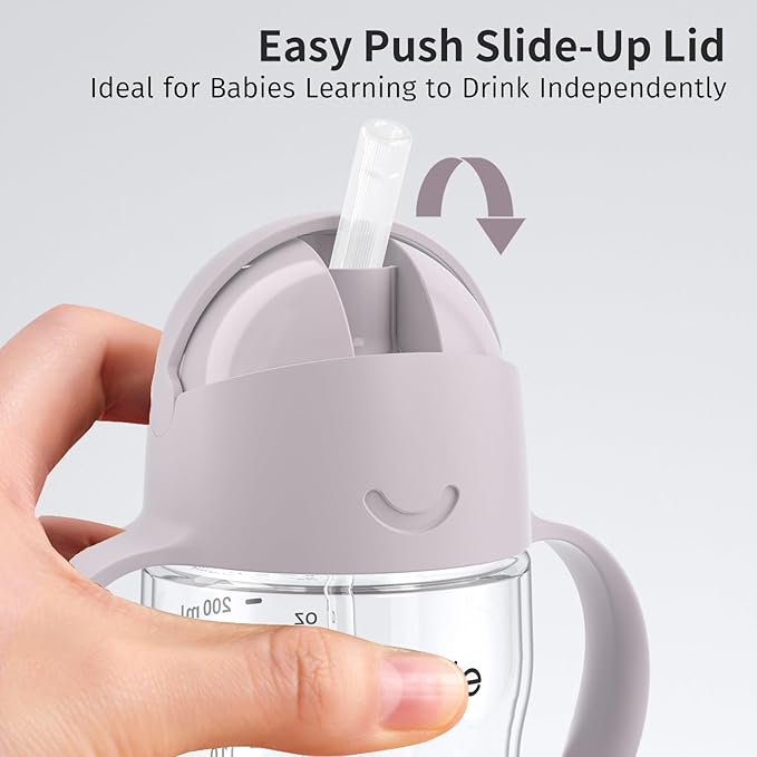 Evorie Tritan Weighted Straw Sippy Cup with Handles for Baby and Toddlers, Spill Proof Baby Water Bottle with Straw for 6 months and up, 7 Oz, Infant Training Water Bottle (Taro Purple)
