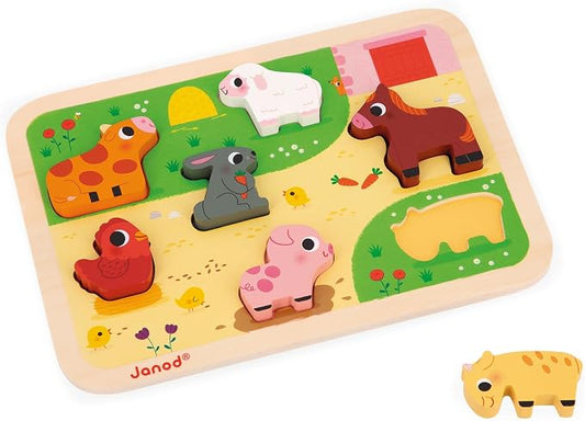 Janod Chunky Farm Wooden Puzzle with 7 Pieces – Educational Toddler Puzzle Toy with Farm Animals, Easy-Grip Wooden Figures for Fine Motor Skills, Learning & Imaginative Play, Ages 18 Months - J07121