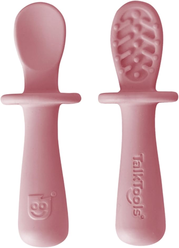 TalkTools ITSY Tiny Silicone Spoons ??Twin Pack Soft Silicone Self-Feeding Training Spoons for Kids & Toddlers, Anti-Choking Flange Guard and Non-Slip Handle (Bubblegum)
