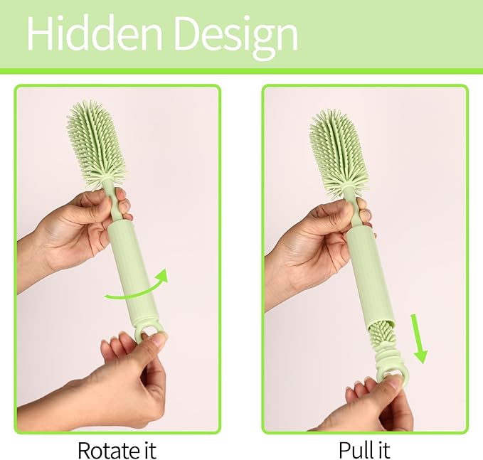 Silicone Bottle Brush Set - 5 in 1 Silicone & Nylon Bottle Cleaner Multipurpose for Straw, Nipple, Thermos, Sport Bottles - Green