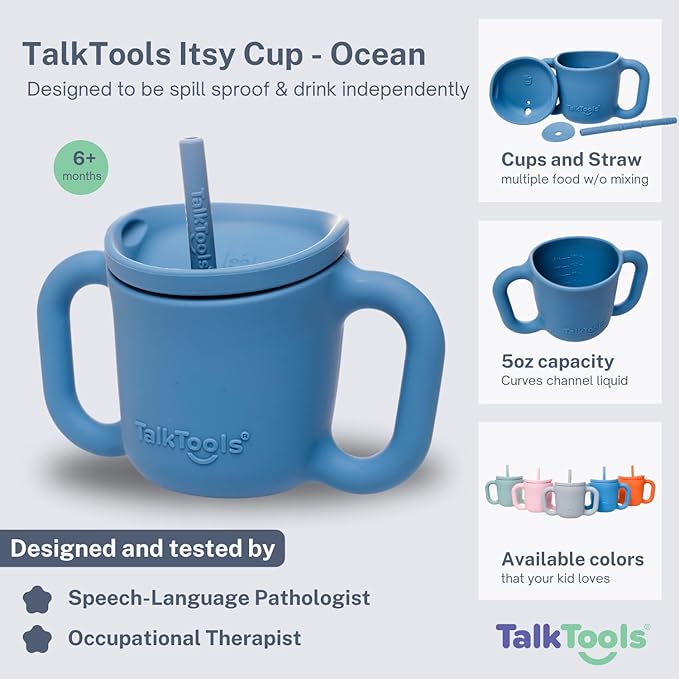 TalkTools ITSY Silicone Training Cup ??Mini Straw Cup for Baby - Anti Leak, Spill Proof and BPA Free Cup with Straw Insertion for Kids (Ocean)