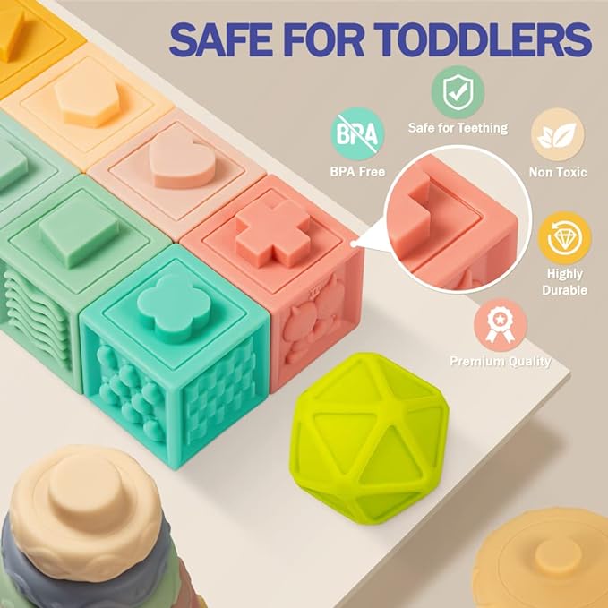 Jyusmile Baby Toys 6-12 Months, Montessori Toy for Babies 6-12 Months, Incl Stacking Building Blocks & Soft Infant Teething Toys & Sensory Balls for Toddlers 0-3-6-9-12 Month