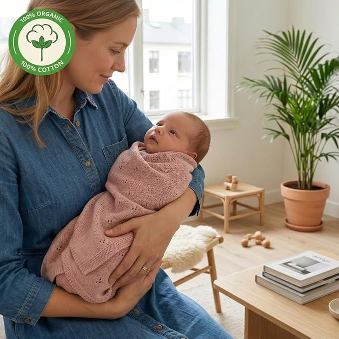 100% Organic Cotton Pointelle Knit Baby Girl Quilt – Lightweight, Breathable Swaddle Blanket for Newborns | Baby Registry Essential & Gift (Blush)