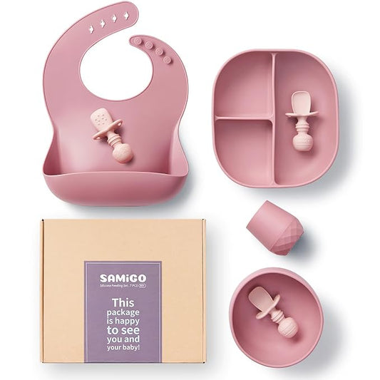 SAMiGO Silicone Baby Feeding Set, Baby Led Weaning Supplies, Suction Bowl Plate Bib Cup Self Feeding Spoons, Solid Food Eating Essentials, First Stage Utensils, 6+ Months