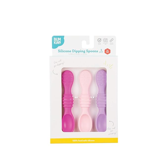 Bumkins Baby Utensils Set, Silicone Spoons for Dipping, Self-Feeding, Baby Led Weaning, Trainer Tip, Soft Chew Safe, Learning First Stage Eating, Babies 4 Months, 3-pk Lollipop Color