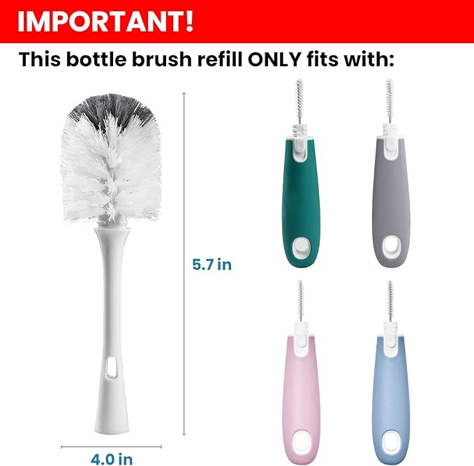 Bottle Brush Replacement Head for OXO Bottle Brush Only, 4 Pack Bottle Brush Refills, Dual Bristle Design for Baby Bottles, Water Bottles, Glasswares