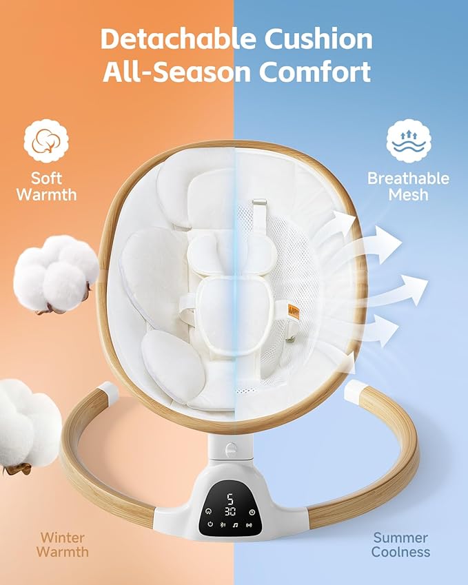 Baby Swings for Infants, Electric Infant Swing with 5 Speed Modes, 5-Point Harness, 3 Timer Settings, Built-in Lullabies & Bluetooth, Portable Modern Swing for Indoor & Outdoor (White)