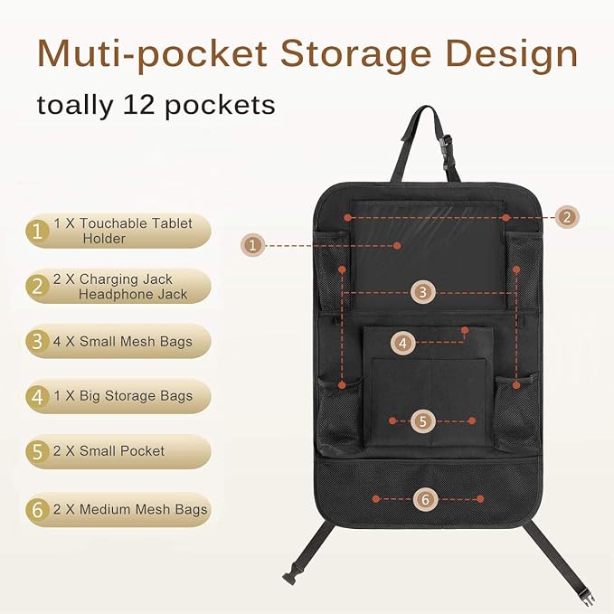 Car Seat Organizer Back Seat with 10" Tablet Holder Adjustable Straps 9 Storage Pockets Kick Mats Car Seat Back Protectors Great Travel Accessories for Kids and Toddlers 2 Pack + 2 Car Headrest Hook