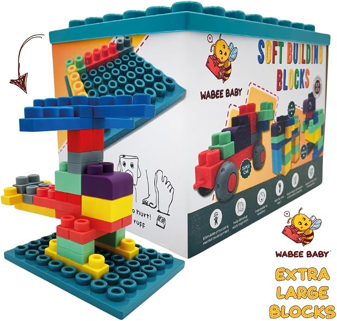 Soft Rubber Building Blocks with Baseboard - Extra Large Toddler Blocks Ages 12mo+ - Chew-Safe Sensory Stacking Toys - STEM Learning Set with Building Guide - Not Compatible with Duplo/Mega