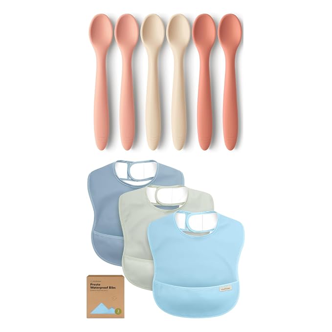 KeaBabies 6-Pack Silicone Baby Spoons and 3-Pack Waterproof Baby Bibs for Eating - Toddler First Food Training Spoon, Lightweight Boys & Girls Bib with Food Catcher