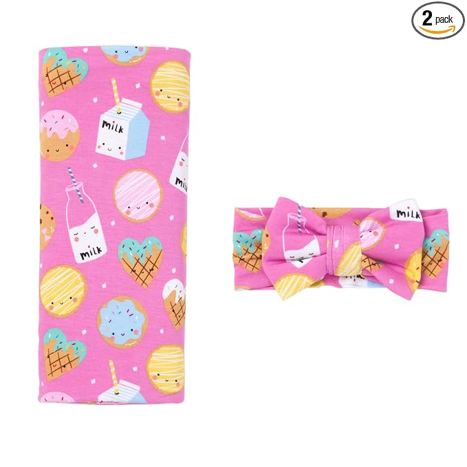 Little Sleepies Swaddle & Headband Bow Set, Viscose from Bamboo Baby Swaddles, Newborn Baby Girl Clothes (Luxe Pink Cookies & Milk)