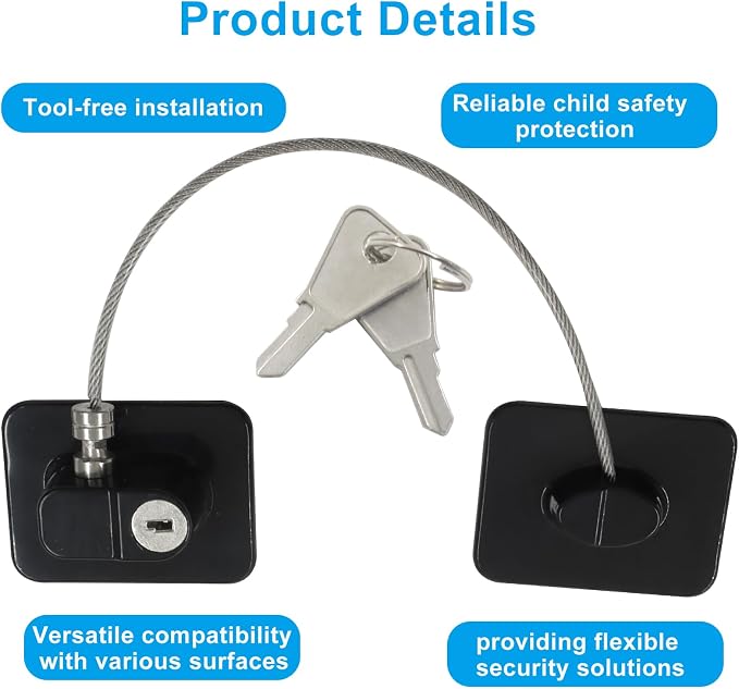 2 Pack Refrigerator Lock, Child Safety Locks with Keys, Easy Install Plastic Latches with Adhesive Backing, for Fridge, Cabinet, Drawer Childproofing, Blcak
