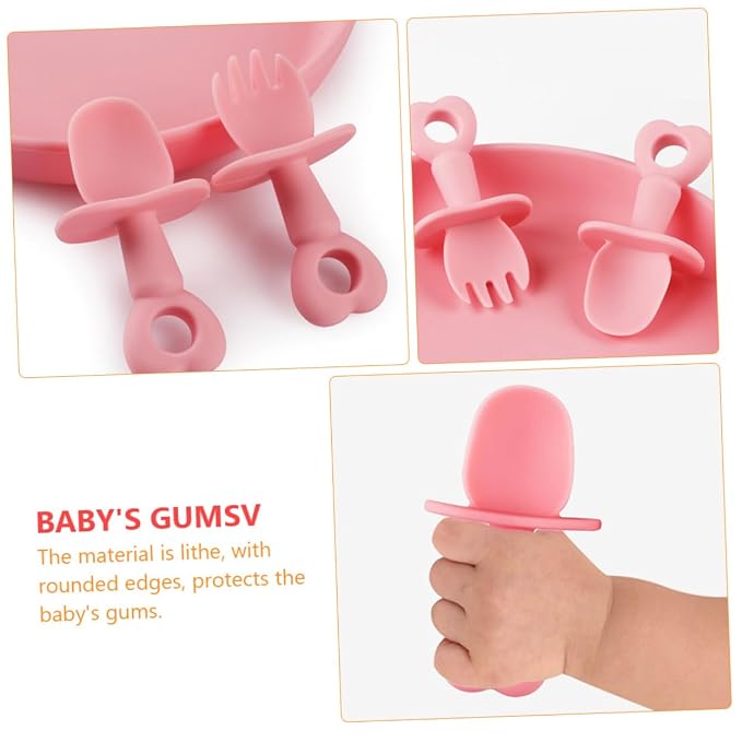 Yardwe 2pcs Adorable Boy Girl Fork Spoon Heart-Shaped Food-Grade Silicone Tableware for Training Safe Non- Design for Years Old