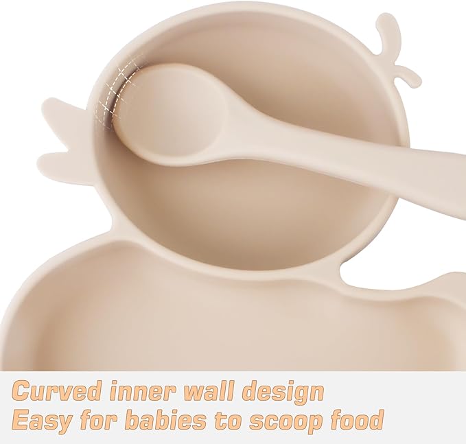 Baby Suction Plate, Silicone Toddler Plate for Kids Baby Weaning Plate Strong Suction Divided Dish with Fork Spoon, BPA Free (Orange) (Beige)