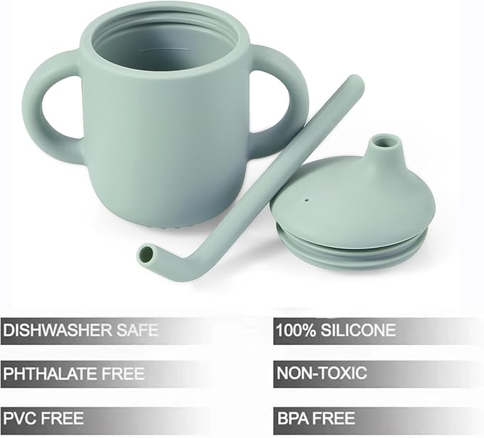 PandaEar 2 Pack 100% Tiny Silicone Drinking Training Cup with Handles & Straw for Baby and Toddler (Pink Green)