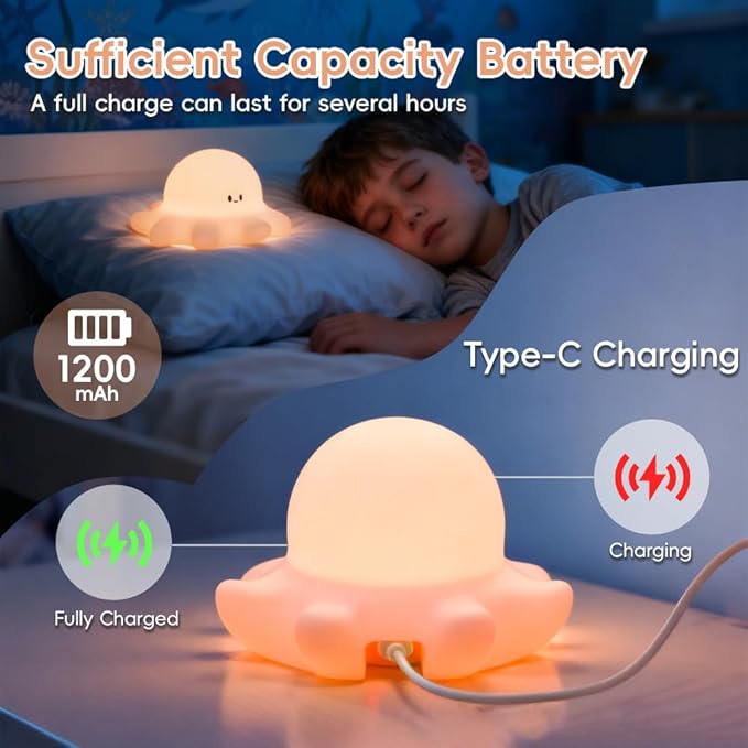 Octopus Night Light for Kids, Cute Silicone Animal Night Light, Rechargeable Tap Control Nursery Lamp with Timer, 3-Level Dimmable Squishy Bedside Lamp for Baby Girls Boys Room Decor Gift