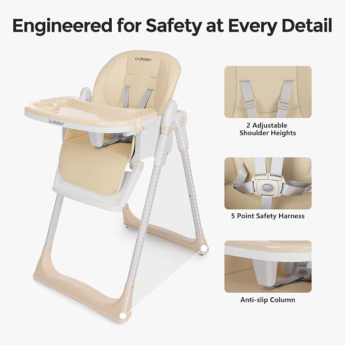 Cochildor 3-in-1 Foldable High Chair for Babies & Toddlers – Adjustable Height, Reclining Seat, 5-Point Safety Harness, Removable Tray, Lockable Wheels and Washable Cushion, Beige
