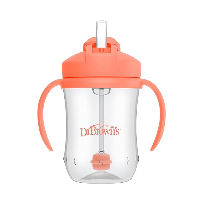 Dr. Brown's Milestones Insulated Sippy Cup with Straw and Handles, Pink, 10oz, 2 Pack, 12m+ & Dr. Brown’s Milestones Baby’s First Straw Cup, Training Cup with Weighted Straw, Coral, 6m+