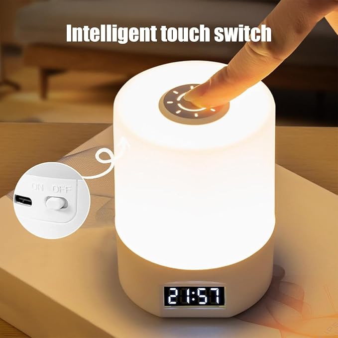 Night Light with Clock, 3 Color 2000mAh Dimmable Rechargeable LED Touch Lamp, Eye-Caring Cordless Bedside Light, Portable Kids Night Light for Bedroom (1, 3.14″ x 4.29″)