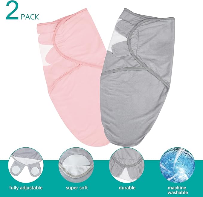 Biloban Baby Swaddles 0-3 Months for Girls, Cotton Swaddle Blanket, Newborn Essentials, Grey & Pink, 2 Pack