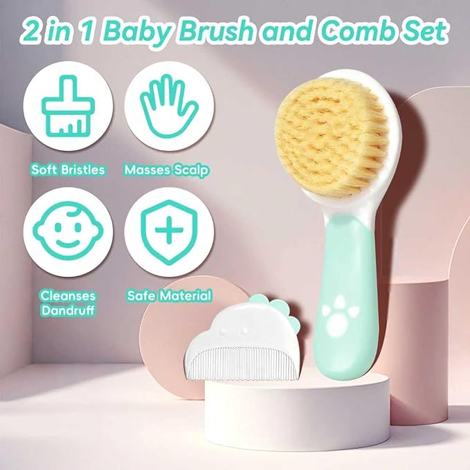 Baby Hair Brush and Comb Set, Soft Bristles Cradle Cap Brush for Newborns, Toddlers, Baby Registry Gift (Green)