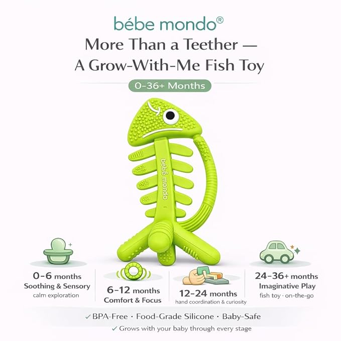 3 in 1 Infant Toys, Baby Teething Toys 3?? 6??2 Months, Teethers for Babies 0??????2 Months for Teething Relief, Baby Gift, Baby Teether Toys, Silicone Sensory Toys, USA Patent Pending, Fish (Green)