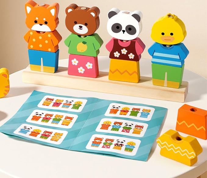 Wooden Animal Dress Up Peg Stacking Toy, Mix & Match Outfit Matching Game with Guide Cards