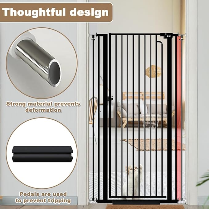 Mornyray 57"" Extra Tall Cat Gate 38.58'' - 43.31'' Wide Dog Gate Inoor, Baby Gate with Cat Door Walk Through Swing Auto Close Safety Dog Pet Gate for Indoor Stairs, Doorways (Black)