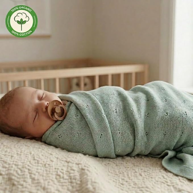 100% Organic Cotton Pointelle Knit Baby Boy Quilt – Lightweight, Breathable Swaddle Blanket for Newborns | Baby Registry Essential & Gift (Roman Green)