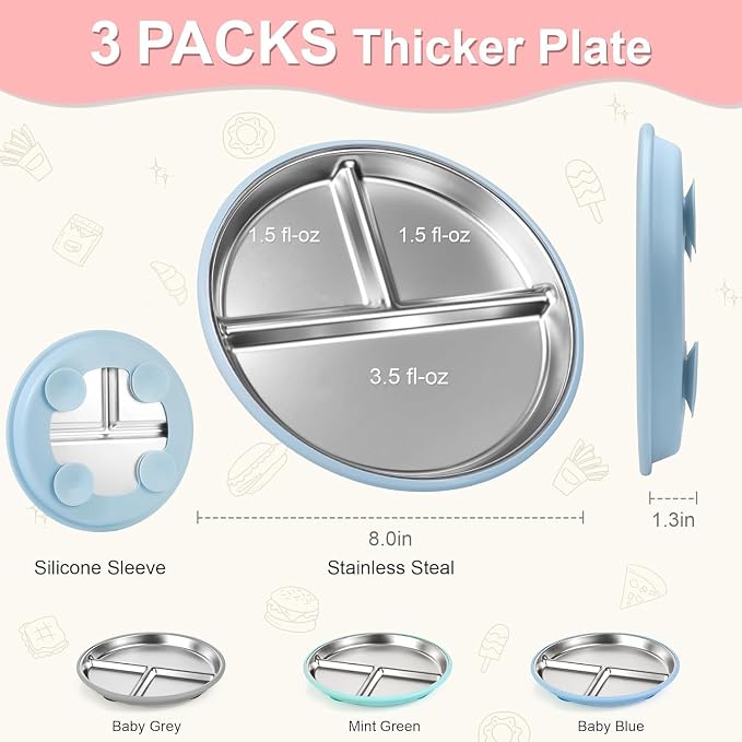 Bella's Friends Life Stainless Steel Baby Plates with Suction 3 Pack, 8” Divided Toddler Plates with Removable Silicone Sleeves for Mess-Free Feeding, Non-Toxic, Non-Slip, Dishwasher Safe