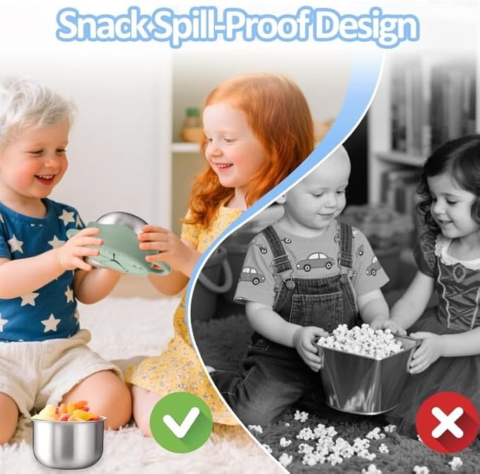 2-Pack Stainless Steel Toddler Snack Cups ??Wide Mouth Spill-Proof Snack Containers with Silicone Lid & Dual Handles for Travel (Blue & Sage)