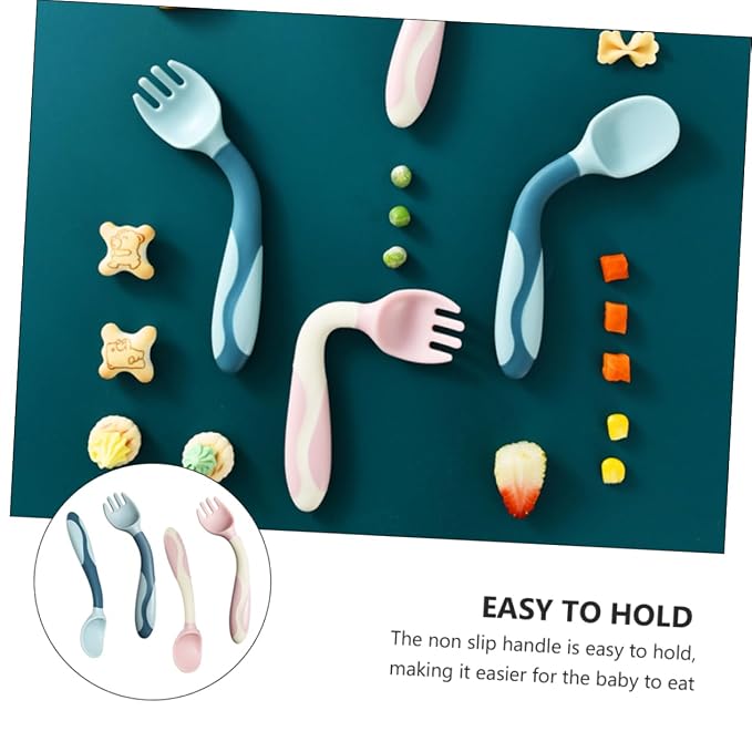 Ciieeo 2 Sets Bendable Silicone Spoon and Fork Food Grade Flexible Feeding Utensils for Safe Soft Tableware Weaning and Dining
