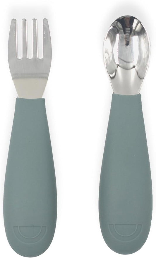 Yeah Baby Goods Silicone Toddler Fork & Spoon (Jade) - Easy Grip, Stainless Steel Kids Cutlery Set - Dishwasher Safe, Food Grade Silicone Silverware for Babies - Self-Feeding Toddler Utensils Set
