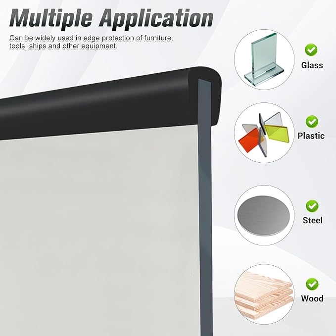 Rubber Edge Trim, Self Adhesive U Channel Edge Trim, U Shaped Trim for Plywood, Glasses, Mirror, Flexiglass, Sharp Edge Parts, Size 5/16" (8mm), Length 20Ft, Black Color, Peel and Stick Plastic Trims