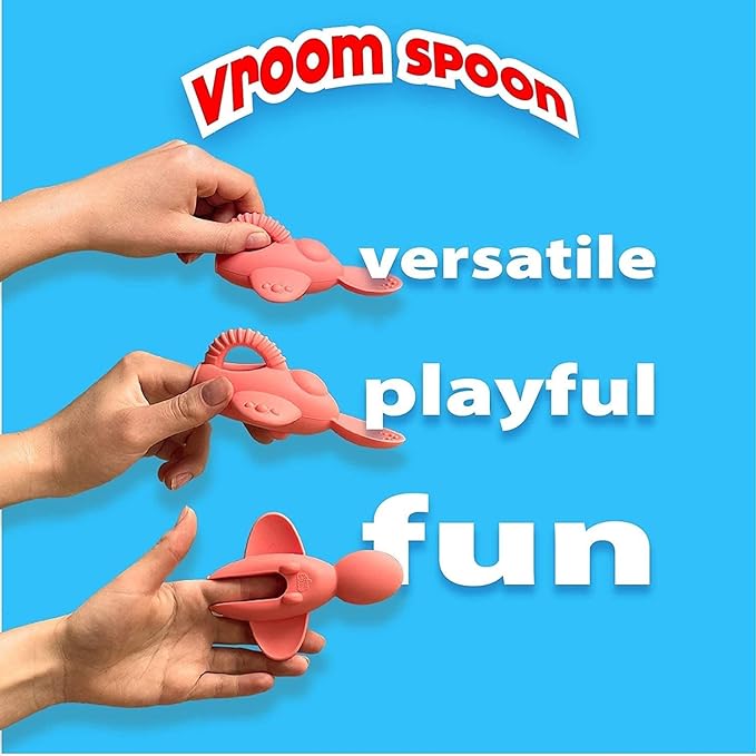 Vroom Spoon - 100% Silicone Soft Training Spoon for Spoon Feeding, Self-Feeding and Baby Led Weaning, Ergonomic Grip with Finger Slot for Easy Fun Feeding (Blue) (1 Spoon, Pink)