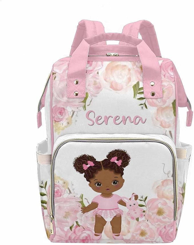 M YESCUSTOM Personalized Pink Diaper Bag with Name, Custom Floral Nursing Mommy Daypack for Travel with Large Capacity, Birthday Gift for Women/Mom