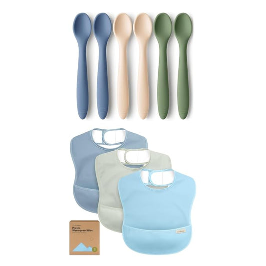 KeaBabies 6-Pack Silicone Baby Spoons and 3-Pack Waterproof Baby Bibs for Eating - Toddler First Food Training Spoon, Lightweight Boys & Girls Bib with Food Catcher